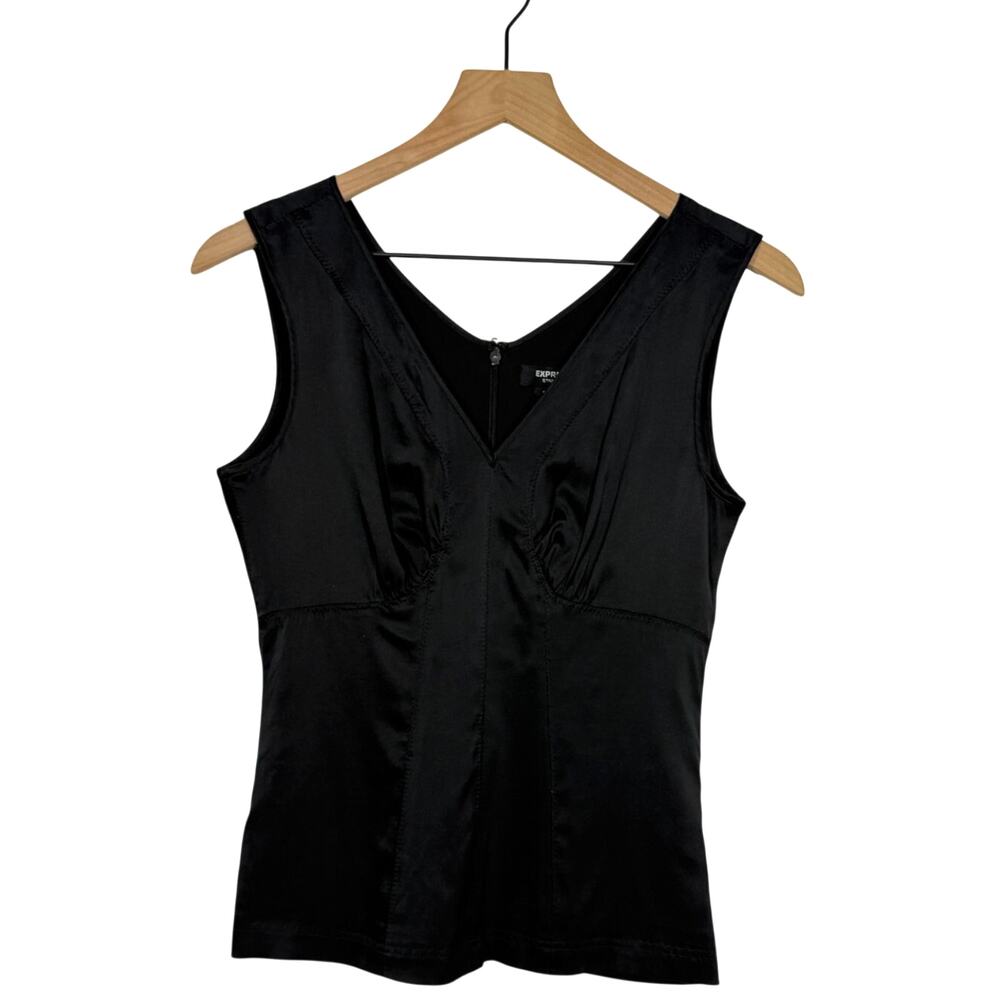 Express Y2K Silk Blend Tank Top Womens Size 8 Black Ruched Back Stretch Goth